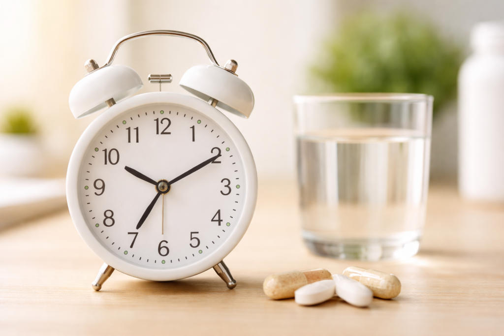 White alarm clock placed beside several supplement capsules and tablets with a glass of water in the background, illustrating the idea of a consistent daily supplement routine and healthy habits