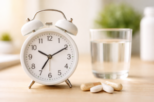 White alarm clock placed beside several supplement capsules and tablets with a glass of water in the background, illustrating the idea of a consistent daily supplement routine and healthy habits