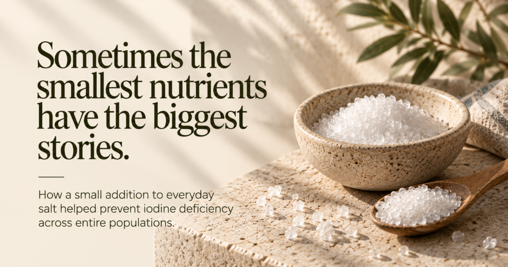 The Nutrient Public Health Couldn't Ignore: How Iodine Changed the Americas 1 A ceramic bowl and wooden spoon filled with coarse salt crystals rest on a sunlit stone surface, accompanied by soft botanical shadows. Dark olive text reads, “Sometimes the smallest nutrients have the biggest stories,” highlighting how iodized salt helped prevent iodine deficiency across populations.