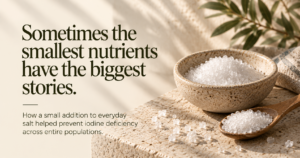 A ceramic bowl and wooden spoon filled with coarse salt crystals rest on a sunlit stone surface, accompanied by soft botanical shadows. Dark olive text reads, “Sometimes the smallest nutrients have the biggest stories,” highlighting how iodized salt helped prevent iodine deficiency across populations.